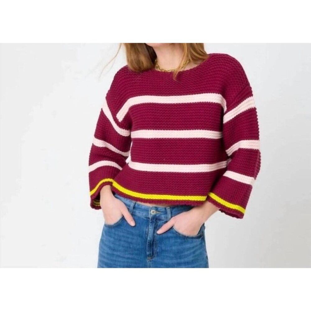 Kerri Rosenthal Kaia Stripe Sweater Burgundy Pink Yellow Chunky Knit Medium NWOT